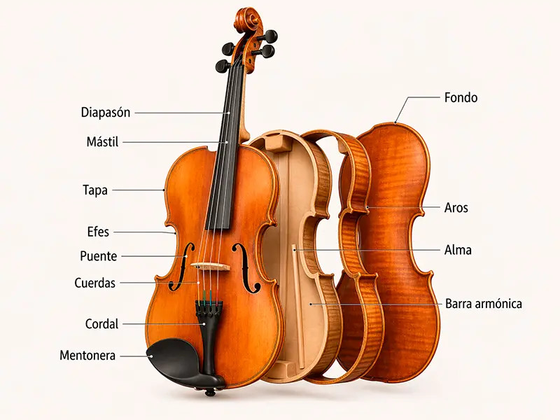 Despiece del violín con partes internas y externas etiquetadas 
