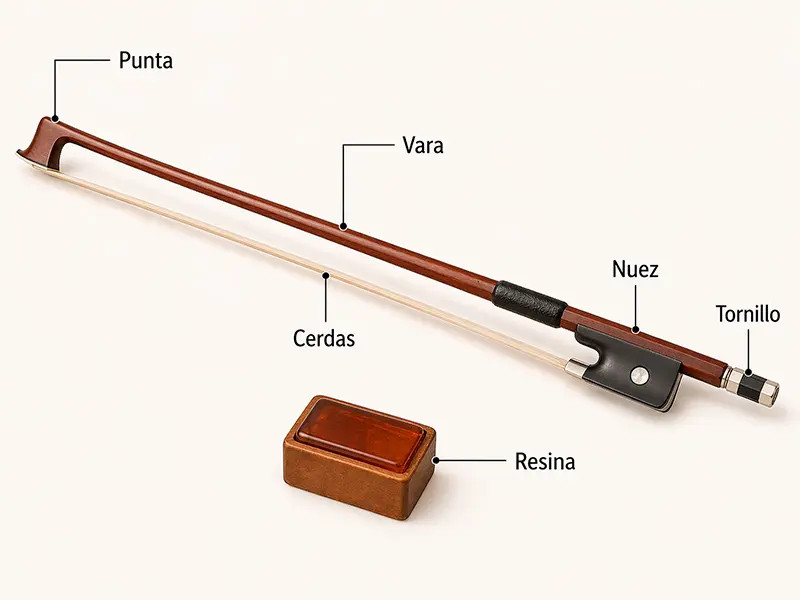 Partes del arco del violín etiquetadas 